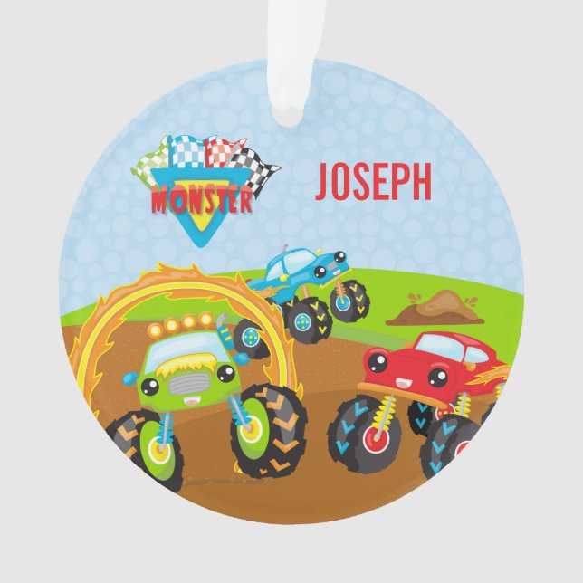 Little Boy Monster Trucks Name and Photo Christmas Ornament (Front)