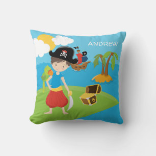 Little Boy Pirate with Treasure and Parrot Cushion