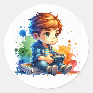 Little Boy Playing Video Games Classic Round Sticker