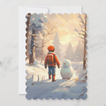 Little boy playing with snowman in winter forest. 