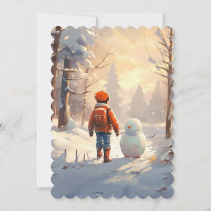 Little boy playing with snowman in winter forest.  holiday card