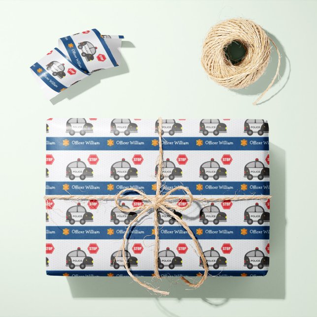 Little Boy Police Officer and Car Birthday Party Wrapping Paper (Your little police officer will love this personalized wrapping paper!)