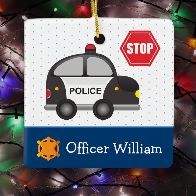 Little Boy Police Officer and Car Christmas Ceramic Ornament (Creator Uploaded)