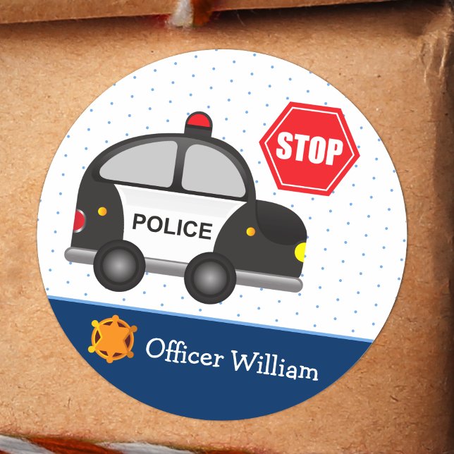  Little Boy Police Officer and Car Kid Blue Classic Round Sticker (Creator Uploaded)