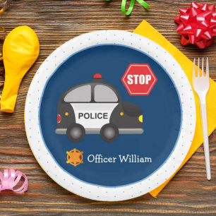 Little Boy Police Officer and Car Kid Blue Paper Plate