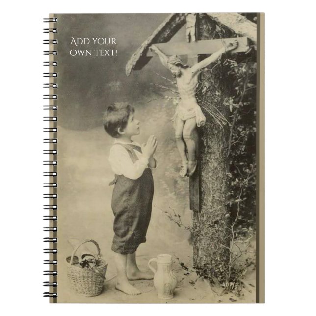 Little Boy praying to Jesus on Cross at Shrine Notebook (Front)