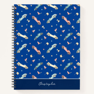 Little Boy Racing Car Watercolor Pattern on Blue Notebook