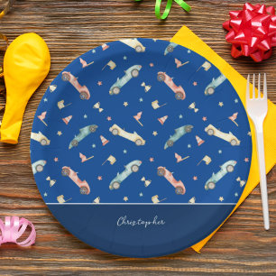 Little Boy Racing Car Watercolor Pattern on Blue Paper Plate