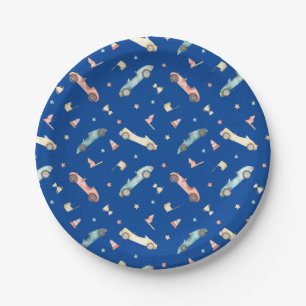 Little Boy Racing Car Watercolor Pattern Paper Plate