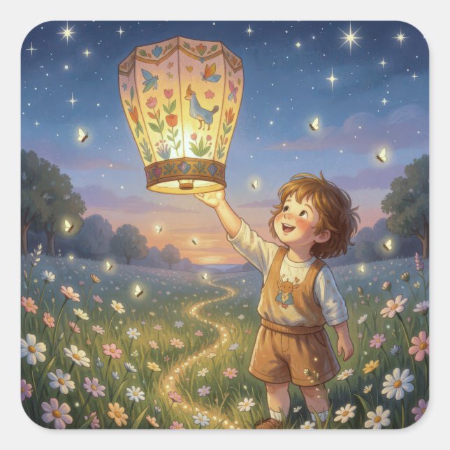 Little Boy Releasing a Chinese Lantern Square Sticker (Front)