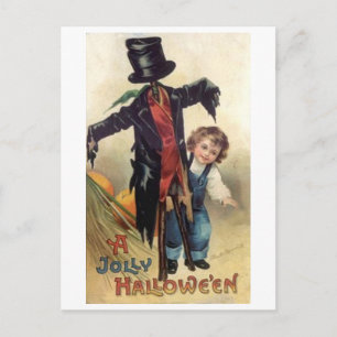 Little Boy & Scarecrow Vintage Halloween Postcard