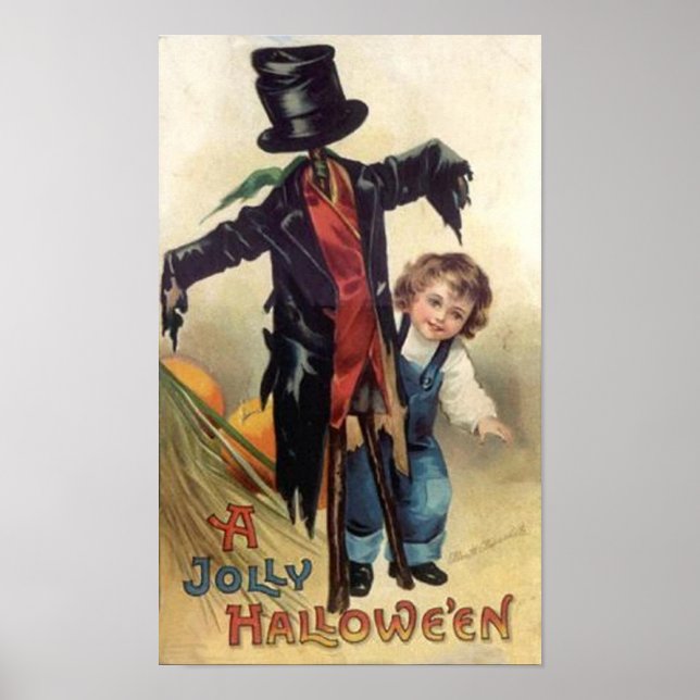 Little Boy & Scarecrow Vintage Halloween Poster (Front)