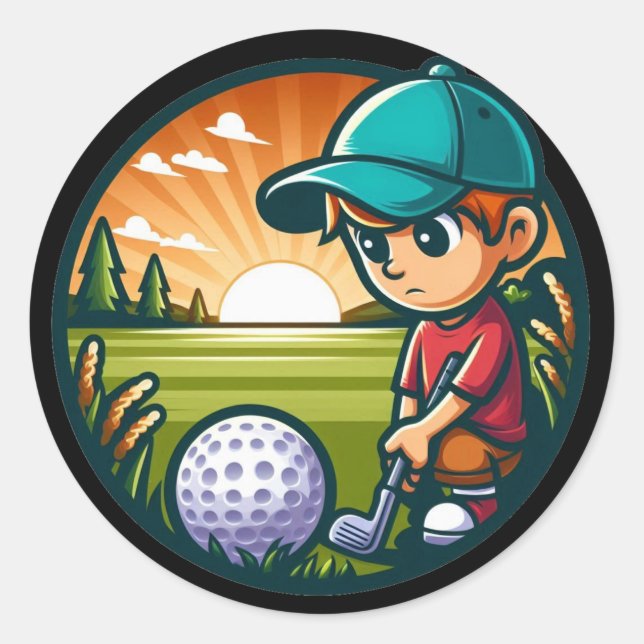 little boy trying to hit golf ball classic round sticker (Front)