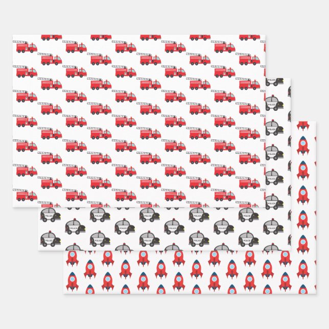 Little Boy Vehicle: Police Car, Fire Truck, Rocket Wrapping Paper Sheet (Set)