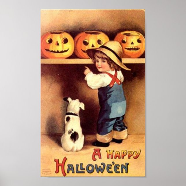 Little Boy with Dog and Pumpkins Poster (Front)