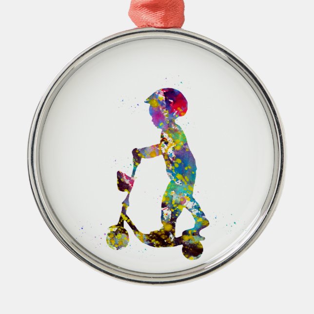 Little boy with scooter metal tree decoration (Front)