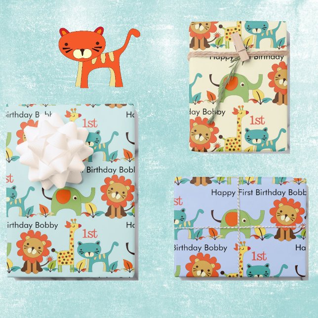 Little Boy's Birthday Name & Age Lion Giraffe 3 Wrapping Paper Sheet (Creator Uploaded)