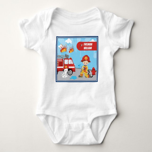Little Boy's Cartoon Fireman with First Name Baby Bodysuit (Front)