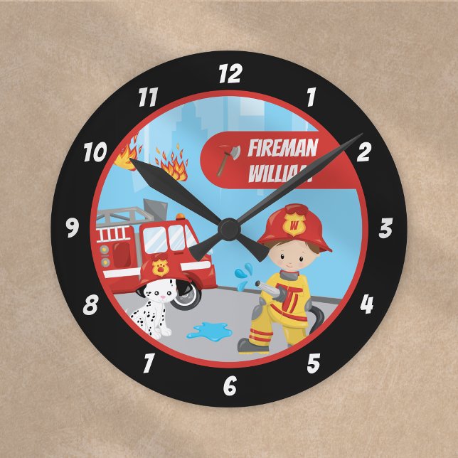 Little Boy's Cartoon Fireman with First Name Black Round Clock (Creator Uploaded)