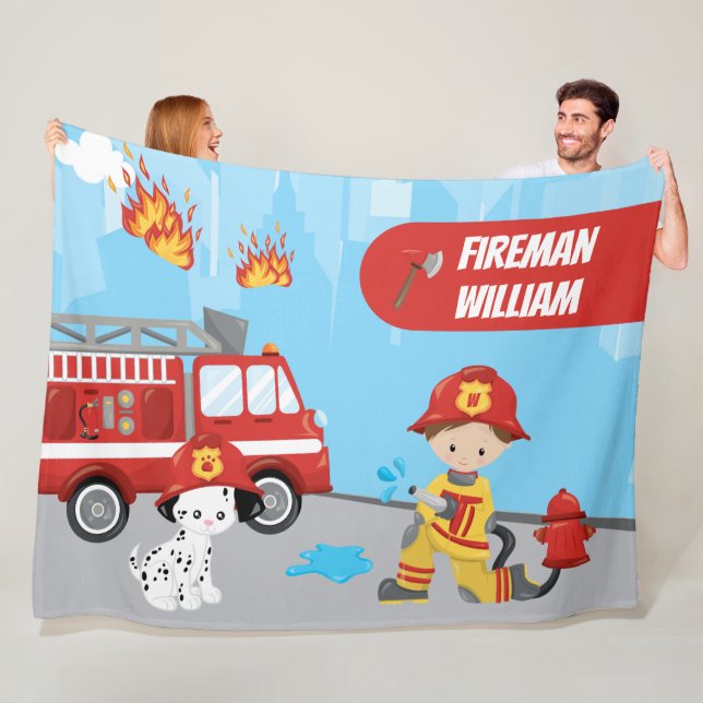 Little Boy's Cartoon Fireman with First Name Fleece Blanket (In Situ)