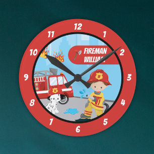 Little Boy's Cartoon Fireman with First Name Red Round Clock