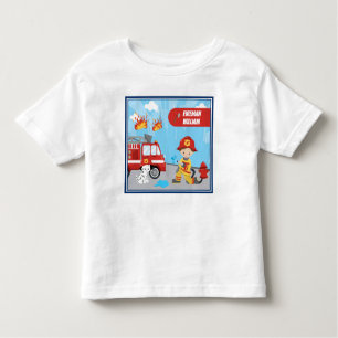 Little Boy's Cartoon Fireman with First Name Toddler T-Shirt