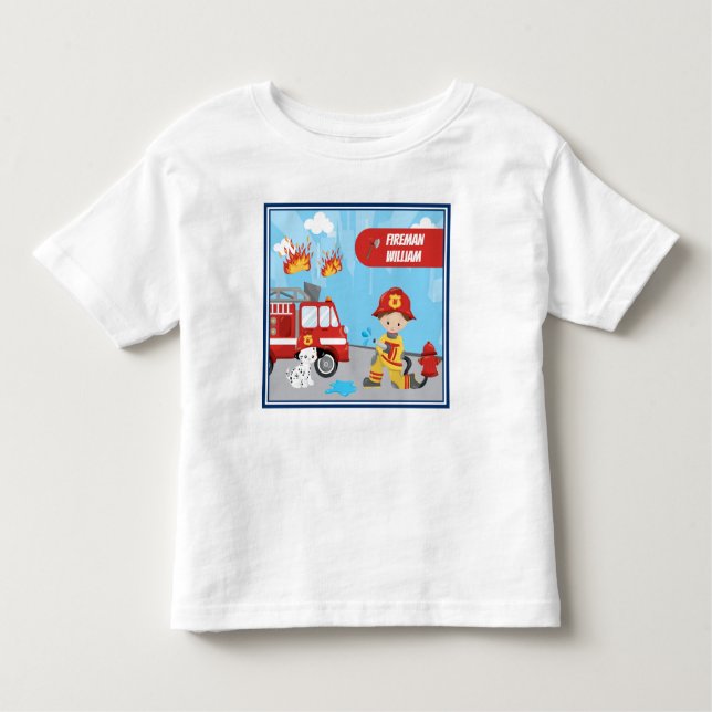 Little Boy's Cartoon Fireman with First Name Toddler T-Shirt (Front)