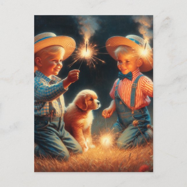 Little Boys Playing with Firework Fourth of July Postcard (Front)