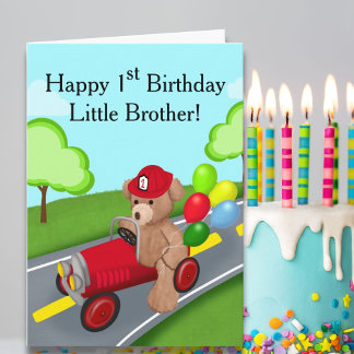 Little Brother 1st Birthday Teddy Bear Firetruck Card