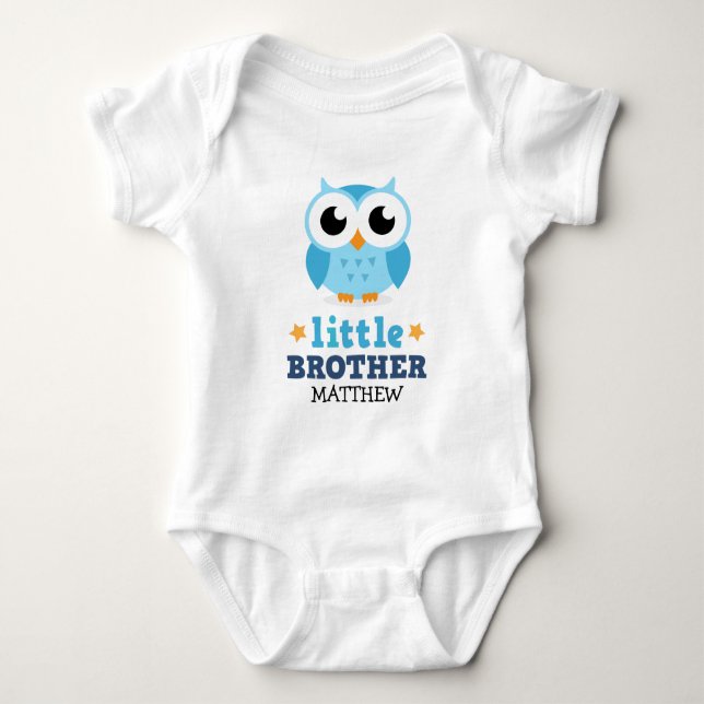 Little brother one-piece with blue owl and name baby bodysuit (Front)