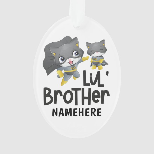Little Brother Superhero Cat Custom Name Ornament (Back)