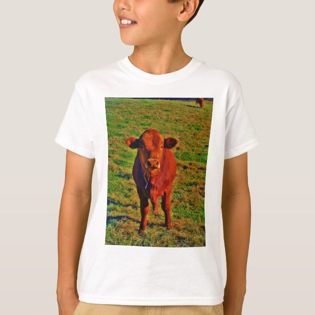 Little Brown Cow Bright Green Grass T-Shirt (Front)