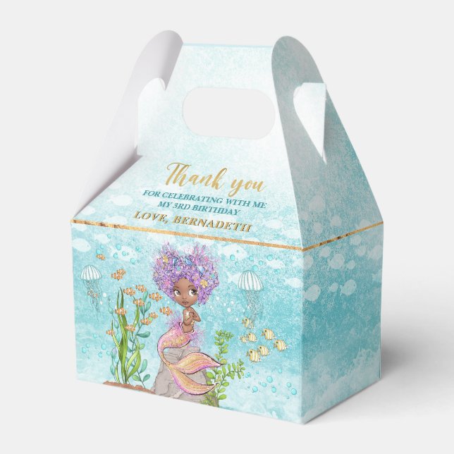 Little Brown Mermaid Girl Under the Sea Birthday Favour Box (Front Side)