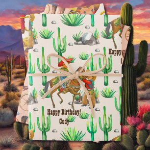 Little Buckaroo Cowboy Boy's Name Birthday 3 Wrapping Paper Sheet