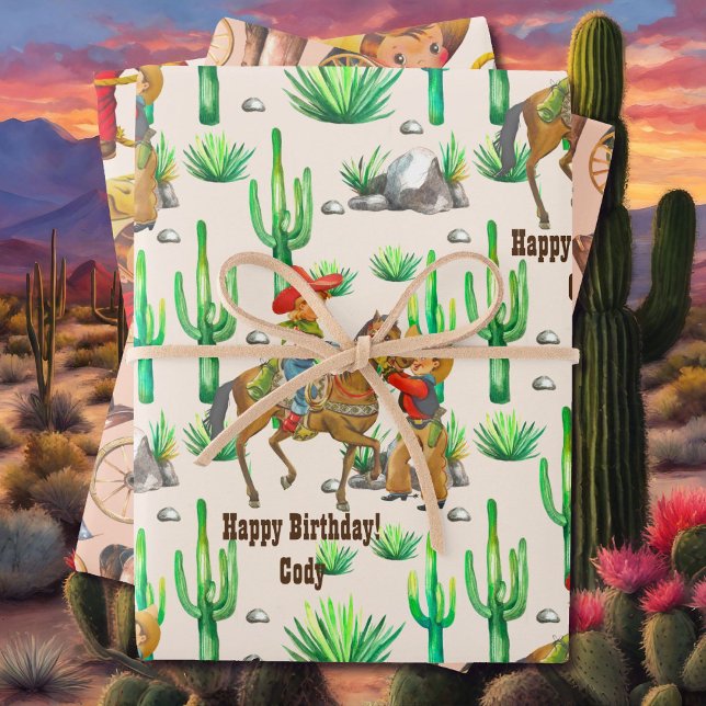 Little Buckaroo Cowboy Boy's Name Birthday 3 Wrapping Paper Sheet (Creator Uploaded)