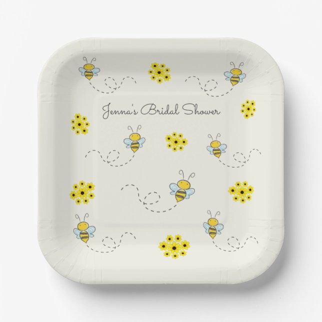 Little Bumble Bee and Flowers Paper Plate (Front)