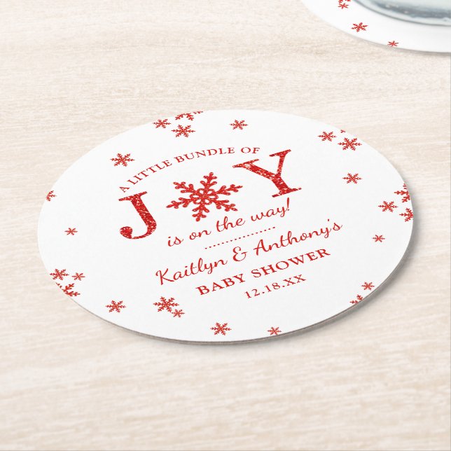 Little Bundle Of Joy Christmas Baby Shower Round Paper Coaster (Angled)