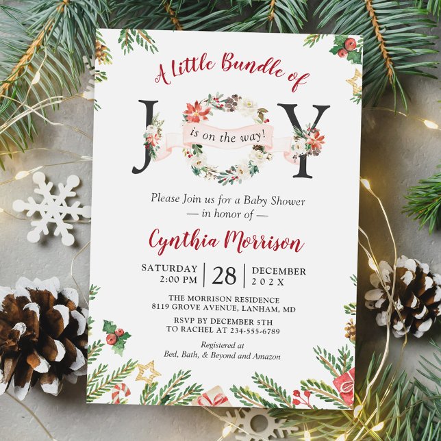 Little Bundle of JOY Christmas Floral Baby Shower Invitation (Creator Uploaded)