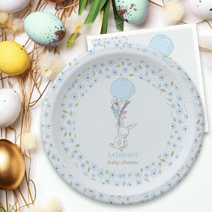 Little Bunny and Balloon Blue Boy Baby Shower Paper Plate