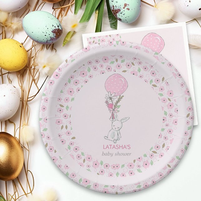 Little Bunny and Balloon Pink Girl Baby Shower Paper Plate (Girl Baby Shower Plates from my Little Bunny & Balloon Baby Shower collection)