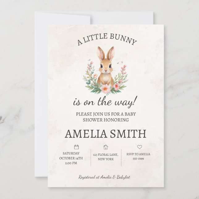 Little Bunny Baby Shower Invitation | Neutral Boho (Front)