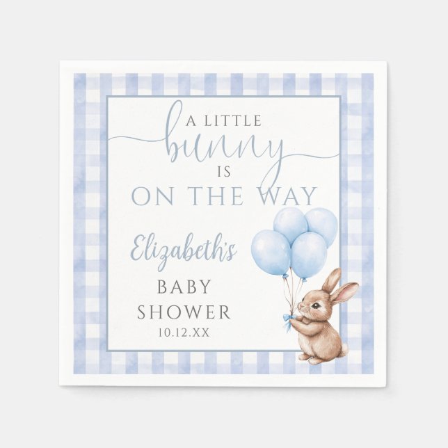 Little Bunny Blue Balloons Boy Baby Shower Napkin (Front)