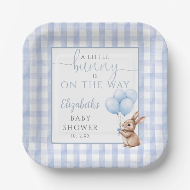 Little Bunny Blue Balloons Boy Baby Shower Paper Plate (Front)