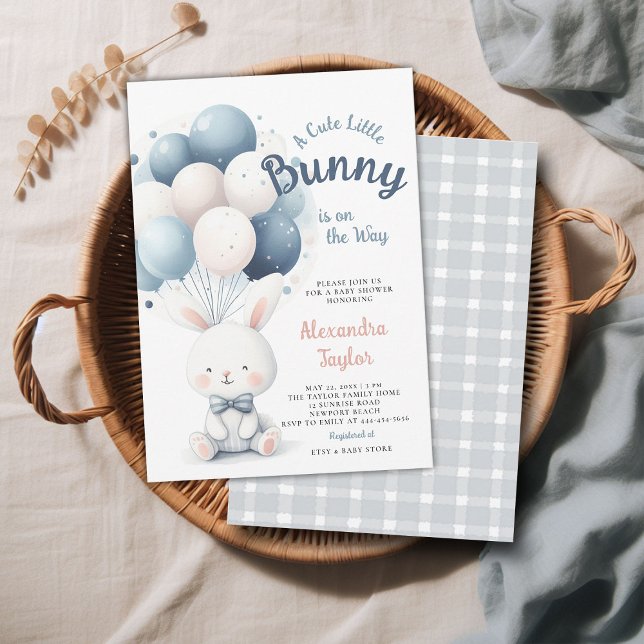 Little Bunny Bow Tie Balloons Navy Baby Boy Shower Invitation (a little bunny baby boy shower invitation springtime easter garden picnic navy blue balloons sweet)