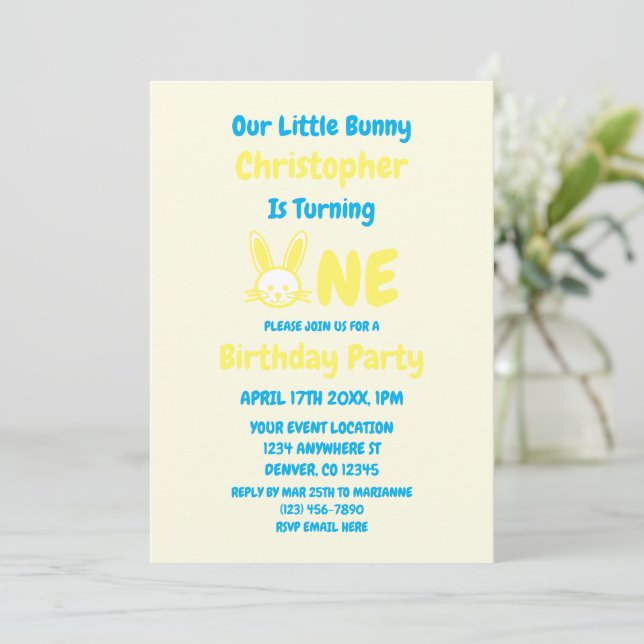 Little Bunny Boy 1st Birthday Invitation (Standing Front)