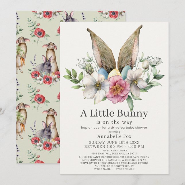 Little Bunny Ear Floral Green Drive-by Baby Shower Invitation (Front/Back)