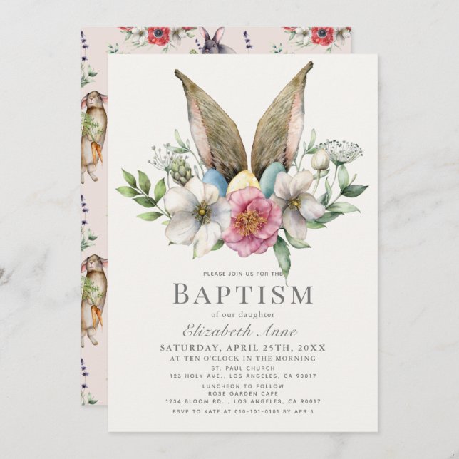 Little Bunny Ear Floral Pink Girl Baptism Invitation (Front/Back)