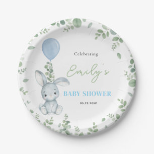Little Bunny Eucalyptus Watercolor Boy Baby Shower Paper Plate