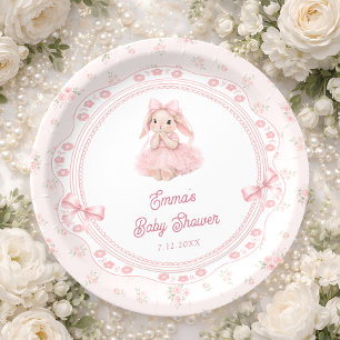 Little Bunny Floral Blush Pink Baby Shower Paper Plate