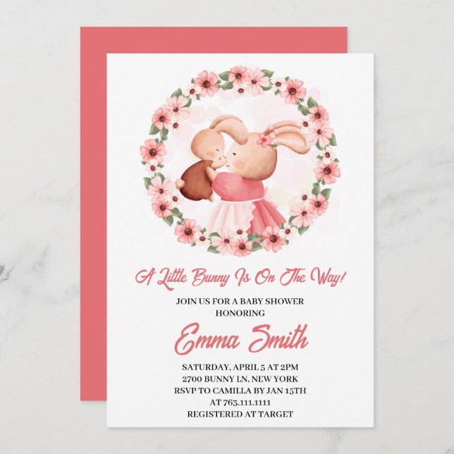 Little Bunny Floral Watercolor Baby Shower Invitation (Front/Back)